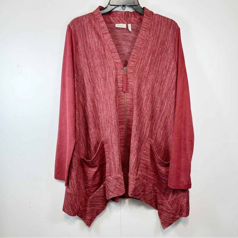 LOGO Lori Goldstein Heathered Red Velvet Sleeve Zip Up Cardigan Sweater Medium